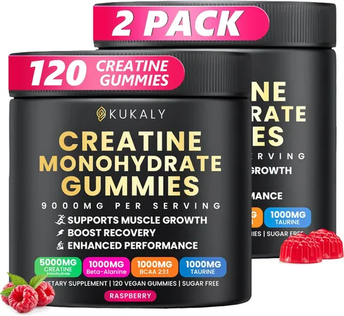 Miniatura 9 de kukaly Gomitas de monohidrato de creatina para hombres y mujeres, gomitas de creatina de 9000 mg sin azúcar, sabor mezclado con L-taurina, BCAA 2:1