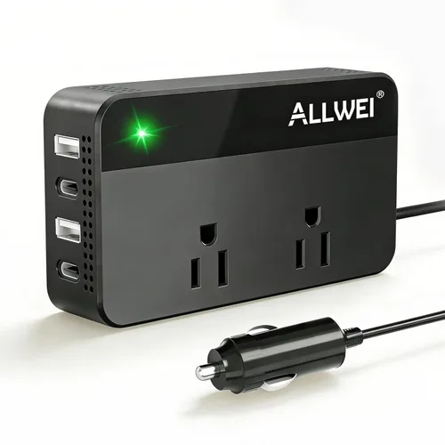 ALLWEI Inversor de corriente para automóvil de 200 W, 12 V CC a 110 V CA inversor de automóvil con 4 puertos USB de carga rápida (2 USB A, 2 USB C)