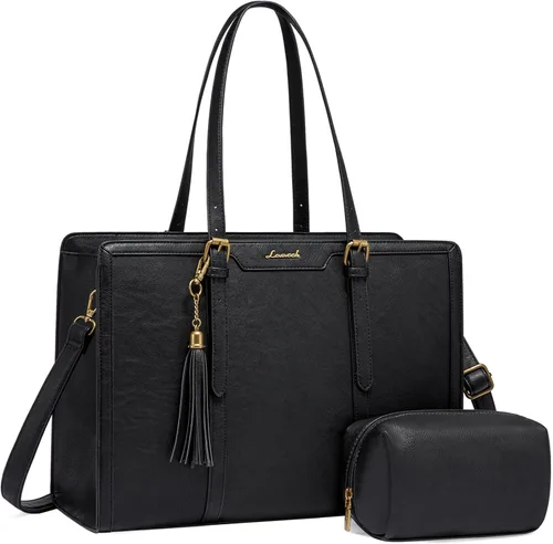 Miniatura 21 de LOVEVOOK Bolsa de mano para laptop para mujer, bolsa de trabajo vintage de 15.6 pulgadas con embrague, bolso grande de cuero para laptop con soporte
