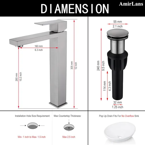 Miniatura 2 de Grifo de lavabo para recipiente de baño, de níquel cepillado, grifo alto de baño de un solo agujero y una sola manija, grifo alto de baño de níquel