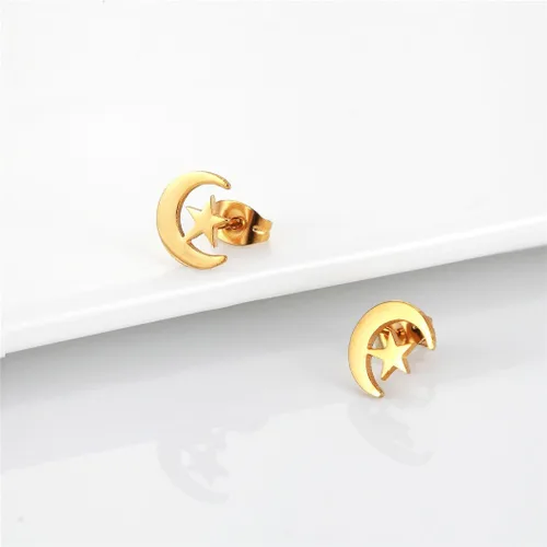Miniatura 2 de Pendientes de tuerca con estrella de luna crecienteAnkh, aretes de acero inoxidable chapados en oro de 18 quilates, joyería para mujer
