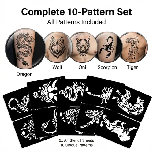 Miniatura 9 de 10 plantillas de tatuaje temporales de patrones grandes, 5 hojas tamaño A4, kit de plantillas de tatuaje tribal, plantillas profesionales de 3 capas