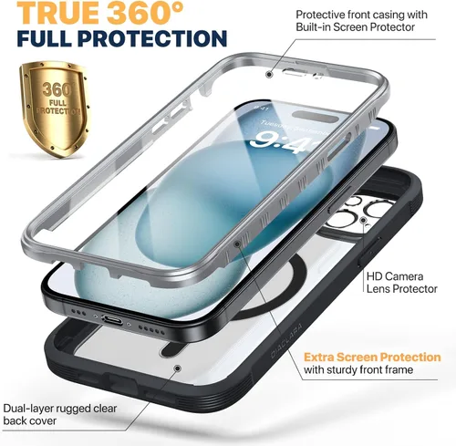 Miniatura 3 de Diaclara - Funda magnética diseñada para iPhone 15, compatible con MagSafe, protector de pantalla integrado sensible al tacto, antiarañazos