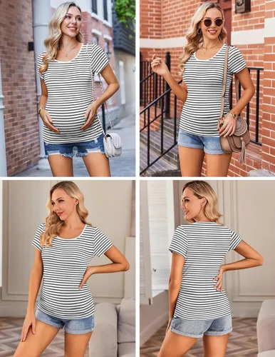Miniatura 2 de Ekouaer Camisas de maternidad para mujer, paquete de 3 unidades, camiseta de embarazo fruncida lateral, blusa tipo túnica, casual, ropa para mamá