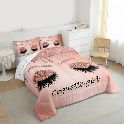 Miniatura 3 de Erosebridal Juego de edredón de pestañas, juego de ropa de cama de maquillaje femenino para niñas y mujeres, decoración de dormitorio de oro rosa