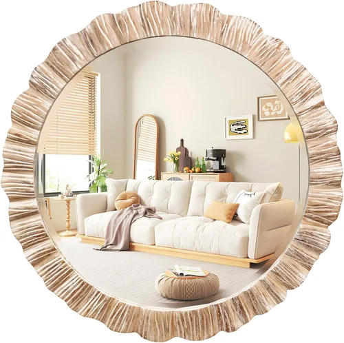 Miniatura 8 de Espejo redondo de madera de 35 pulgadas, espejo de pared circular rústico con biselado, espejos redondos de madera para decoración de pared, espejos