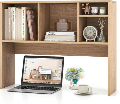 Miniatura 20 de LDAILY Desktop Bookshelf, 2-Tier Office Desk Shelf Organizer Desk Hutch with 4 Shelves, 37’’L Wood Storage Rack Display Shelf for Computer Desk