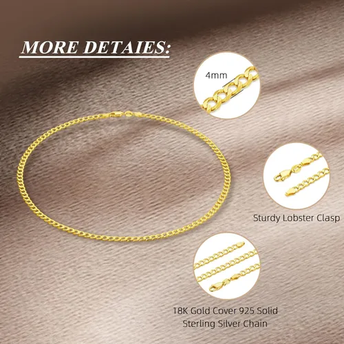 Miniatura 2 de 18K Gold Plated 4mm Sterling Silver Cuban Link Chain for Men, Solid 925 Sterling Silver Chain for Men Women, Diamond-Cut Chains for Men