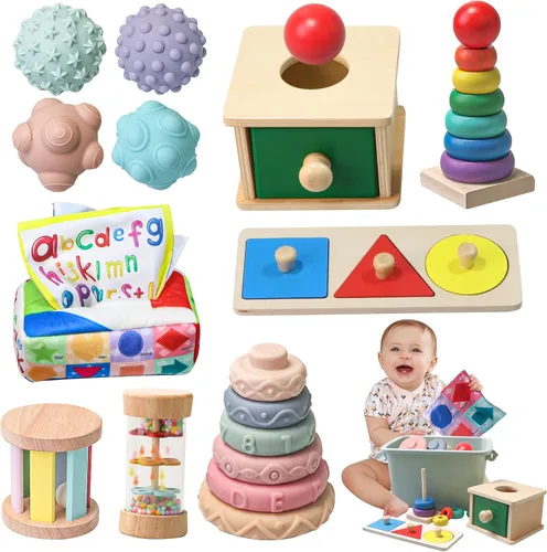 Juguetes Montessori para bebés de 6-12 meses, 1 año de edad, conjunto educativo de aprendizaje 8 en 1, juguetes sensoriales de madera para juguetes