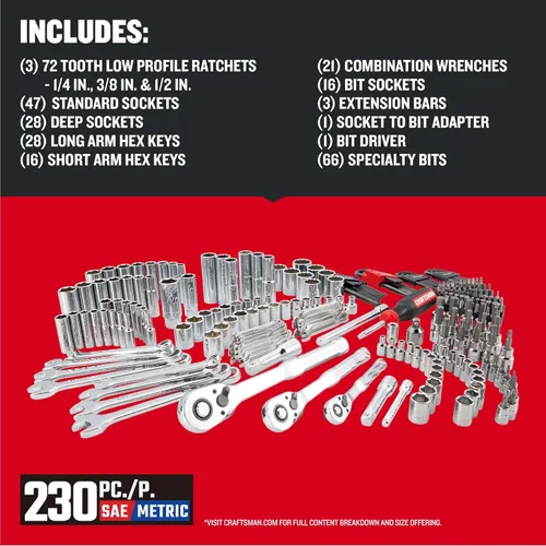 Miniatura 2 de CRAFTSMAN Juego de herramientas mecánicas de 230 piezas, juego de llaves de vaso, kit de herramientas para automóvil con caja de herramientas