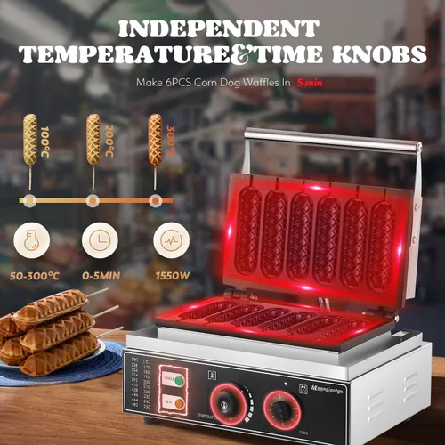 Miniatura 3 de Moongiantgo Máquina comercial para hacer gofres para perros de maíz, 6 unidades de 1550 W, plancha de prensa de queso para perros calientes, control