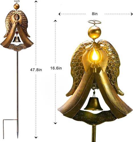 Miniatura 2 de Homight Luz solar de estaca de jardín – Ángel de metal solar cálida estaca luz regalo conmemorativo – Campana de ángel de bronce al aire libre