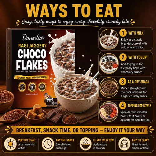 Miniatura 6 de Danodia Foods Ragi Jaggery Choco Flakes 250g/8.8 oz, Cereal de desayuno de mijo dedo con sabor a chocolate Jaggery inspirado en la India, cereal