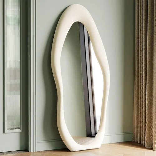 Miniatura 15 de Honyee - Espejo de cuerpo completo de 63 x 24 pulgadas, espejo de pared, marco de madera envuelto en franela, espejo de cuerpo completo ondulado Gris