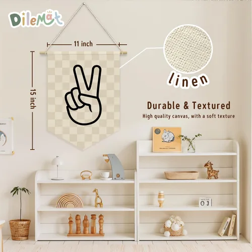 Miniatura 7 de Banderín de Lino con Signo de Paz a Cuadros para Decoración, Bandera Colgante de Pared para Sala de Juegos, Habitación de Niños, Guardería, Sala