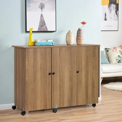 Miniatura 2 de Mesa de coser plegable de madera, carrito grande para manualidades de costura con estantes de almacenamiento ajustables y ruedas con cerradura