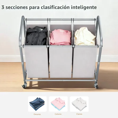 Miniatura 3 de STORAGE MANIAC Clasificador de ropa sucia de 3 secciones, carrito de lavandería de 35.6 galones (135 L) con ruedas resistentes con cerradura y Gris