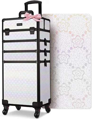 Miniatura 17 de BYOOTIQUE estuche rodante para maquillaje 4 en 1, con cerradura, maletín tipo trolley para cosméticos, con 4 ruedas extraíbles, organizador de viaje
