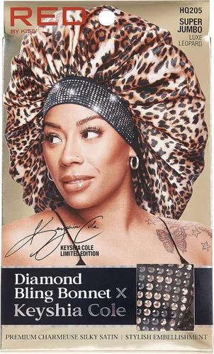 Miniatura 5 de Red by Kiss Gorro de dormir sedoso con borde ancho, diseño de diamante, sin encrespamiento de Keyshia Cole, súper Jumbo (leopardo de lujo), Luxe