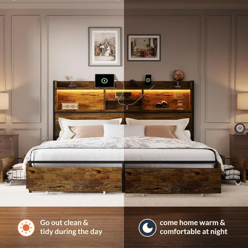 Miniatura 8 de LARMACE Base de cama tamaño Queen con 6 cajones de almacenamiento y cabecero, plataforma de madera con luces LED y estación de carga, fácil montaje