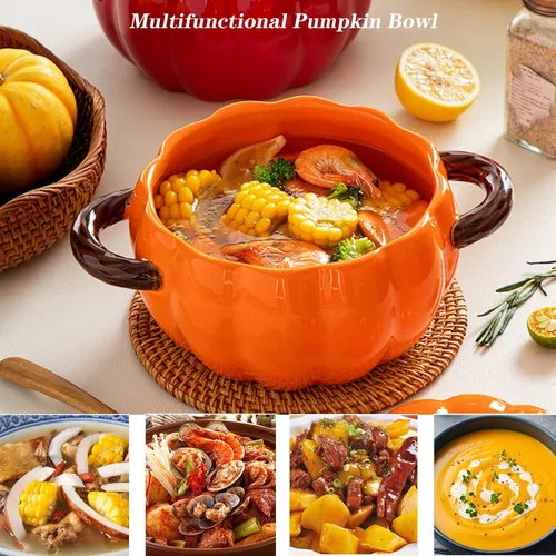 Miniatura 3 de Olla holandesa con tapa, cacerola de postre de cerámica de calabaza, mini fuente para hornear, lindo cuenco de calabaza, olla holandesa de cerámica