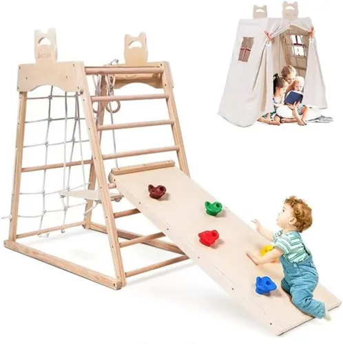 Jungle Gym Indoor (8 en 1) Zona de juegos interior de madera, juguetes de escalada de madera para niños, juego Montessori, gimnasio con tobogán, red