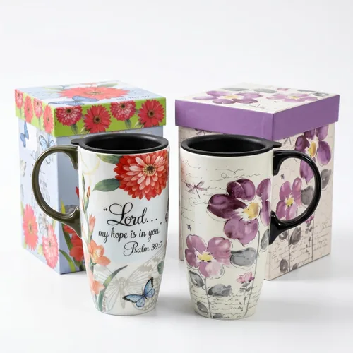 Miniatura 10 de Topadorn Taza de café de cerámica de 17 onzas con tapa y caja de regalo para viaje, Flor Roja y Mariposa Botanical Gardens
