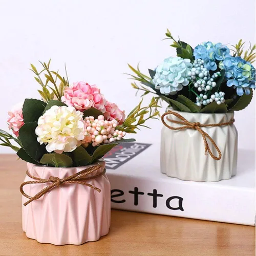 Miniatura 3 de Hortensias falsas con maceta, mini hortensias artificiales en jarrón de cerámica para decoración de escritorio de oficina (azul)