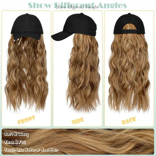 Miniatura 3 de Peluca de gorra de béisbol para mujer, gorra de béisbol con extensiones de cabello, gorra ajustable adjunta de 24 pulgadas de largo, ondulada