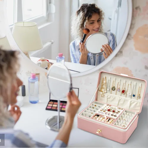 Miniatura 2 de Organizador de aretes para mujer, joyero grande de 2 capas con espejo, tarjeta de regalo hecha a mano y papel de regalo, soporte de joyería de piel