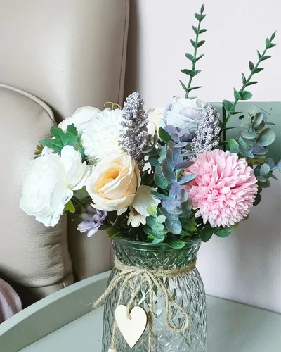 Miniatura 2 de Flores artificiales con jarrón, flores de peonía de seda sintética para decoración del hogar, flores artificiales con jarrón para decoración de mesa