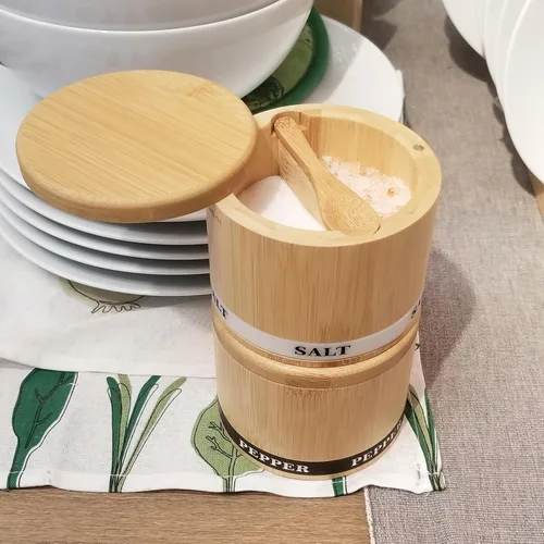 Miniatura 5 de ThougrLyh Caja de sal y pimienta de bambú con tapa giratoria y 2 cucharas, 13 onzas