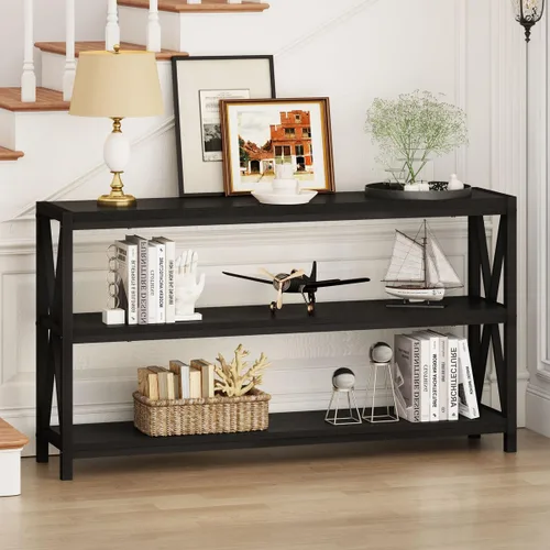 Miniatura 6 de FATORRI Mesa consola para entrada, mesa de sofá larga con estantes debajo de la ventana, mesas de pasillo de madera y metal para vestíbulo