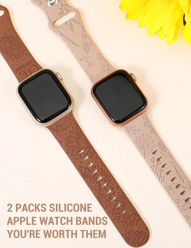 Miniatura 3 de Minyee Paquete de 2 correas grabadas florales compatibles con Apple Watch Band de 38/40/41/42/44/45/46/1.929 in para mujer, bonita correa