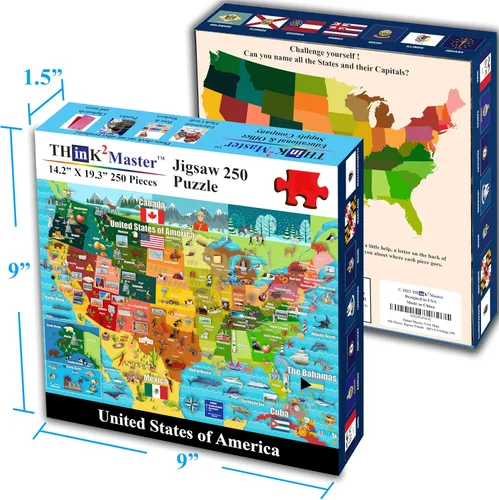Miniatura 6 de Think2Master Mapa de Estados Unidos 250 piezas rompecabezas divertido juguete educativo para niños 8-10 10-12, escuela y familias. Gran regalo