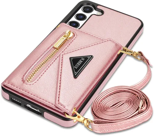 Miniatura 16 de Funda de cuero con tapa para Samsung Galaxy S23 5G, funda cruzada con soporte para tarjeta de crédito y correa con cordón de 6.1 pulgadas, para Negro