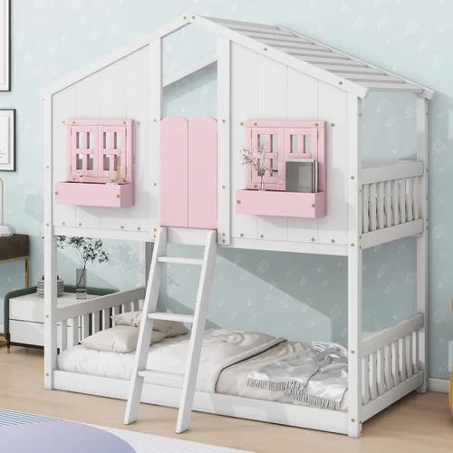 Miniatura 36 de JIVOIT Litera de madera con diseño de techo y ventanas, litera individual sobre individual con nido y escalera integrada para niños, adolescentes
