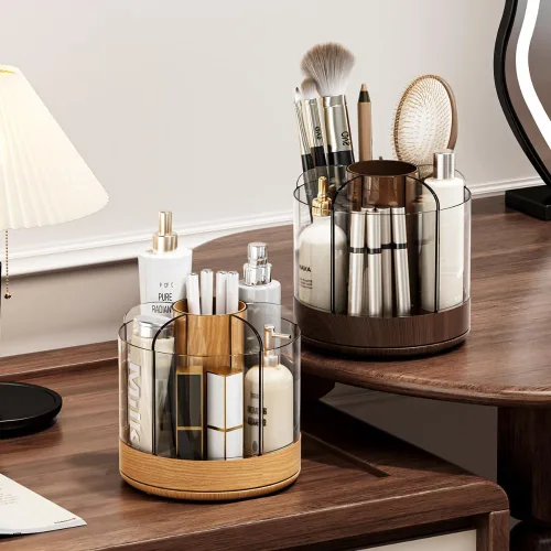 Miniatura 7 de Soporte para brochas de maquillaje giratorio de 360° con 6 ranuras de almacenamiento de múltiples compartimentos, organizador giratorio acrílico