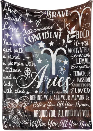 Huglanket Regalos de Constelación del Zodiaco para Mujeres, Regalo de Cumpleaños del Signo Zodiacal con Mensaje Manta de Franela (50" x 65") - Aries