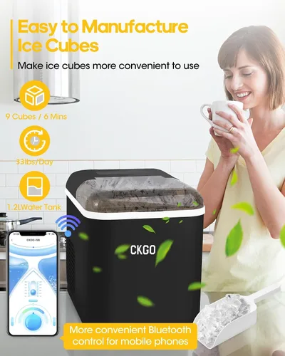 Miniatura 2 de Máquina de hielo rápida para encimera - 9 cubos en 6 minutos, 33 libras/día, autolimpiante, máquina de hielo portátil negra silenciosa con control