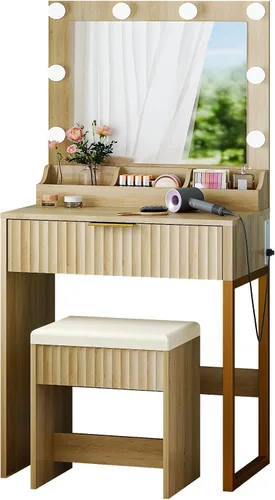 Miniatura 12 de VINGLI - Escritorio de maquillaje con estantes acanalados y espejo con luces y toma de corriente, mesa de tocador pequeña con 2 cajones y 4 estantes