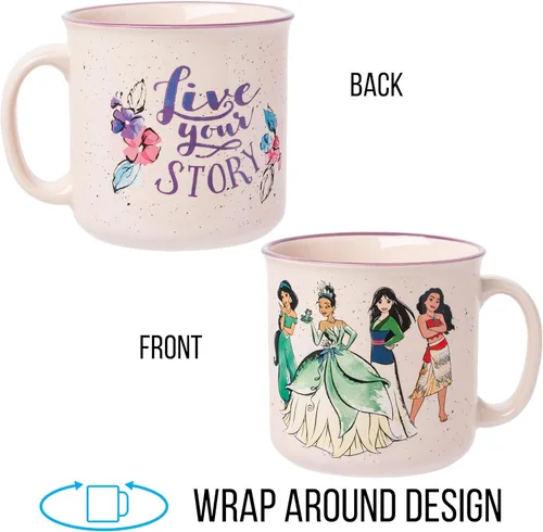 Miniatura 6 de Silver Buffalo Taza de cerámica estilo cámper Disney Princess "Live Your Story" con Jasmine, Tiana, Mulan y Moana, 20 onzas