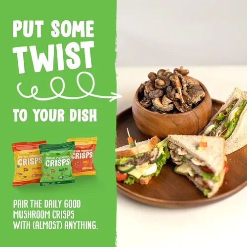 Miniatura 5 de The Daily Good Shiitake Crisps - Paquete de 3 chips de hongos, sin gluten, sin OGM, sabores original, wasabi y chile mexicano, alimentos