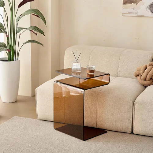 Miniatura 2 de Mesita de noche de cristal, mesa auxiliar, mesa auxiliar en forma de S para sala de estar, mesita de noche para dormitorio (marrón)
