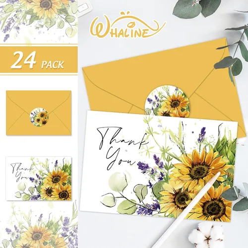 Miniatura 3 de Whaline Paquete de 24 tarjetas de agradecimiento de girasol, tarjetas de felicitación florales de acuarela a granel con adhesivo sobre para notas