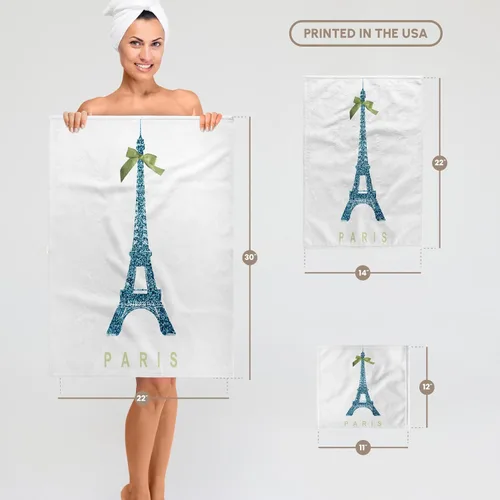 Miniatura 6 de Torre Eiffel azul rosa 3D con lazo de cinta verde femenina, bonito y elegante recuerdo de Francia, toalla de viaje glamorosa para manos/deportes, 15