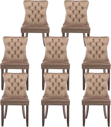 Miniatura 119 de Juego de 4 Sillas de Comedor de Terciopelo Tapizadas con Capitoné, Sillas Laterales de Cocina con Ribete de Tachuelas y Patas Chapadas en Oro
