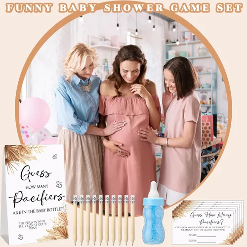 Miniatura 7 de Roowest 512 piezas de juegos de baby shower Cartel de Adivina Cuántos Chupetes 100 pequeños juegos de adivinanzas, 10 lápices HB, botella de leche