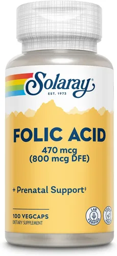 SOLARAY Ácido fólico - Suplemento de ácido fólico de vitamina B9, vitamina prenatal, apoyo al desarrollo de células sanguíneas, vegano, verificado