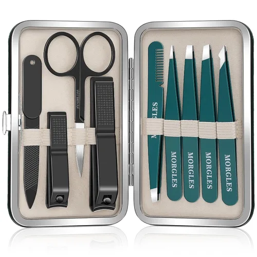 Miniatura 9 de MORGLES Juego de pinzas y cortaúñas con estuche para hombres y mujeres, 9 piezas de pinzas profesionales de acero inoxidable sin separación